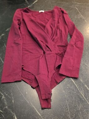 Linmon Long Sleeve Bodysuit Crossover Wrap Front Deep Purple  Medium